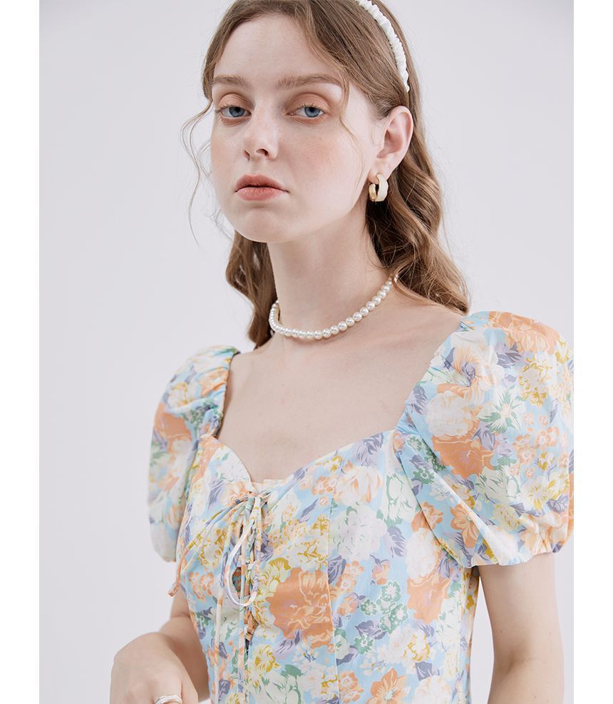 Short-Sleeve Sweetheart Neckline Floral Mini A-Line Dress aa17 MK Kawaii Store