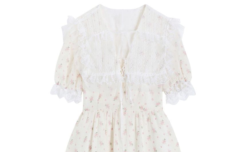 Short-Sleeve V-Neck Lace A-Line Dress aa18 MK Kawaii Store