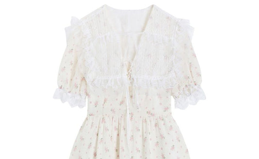 Short-Sleeve V-Neck Lace A-Line Dress aa18 MK Kawaii Store