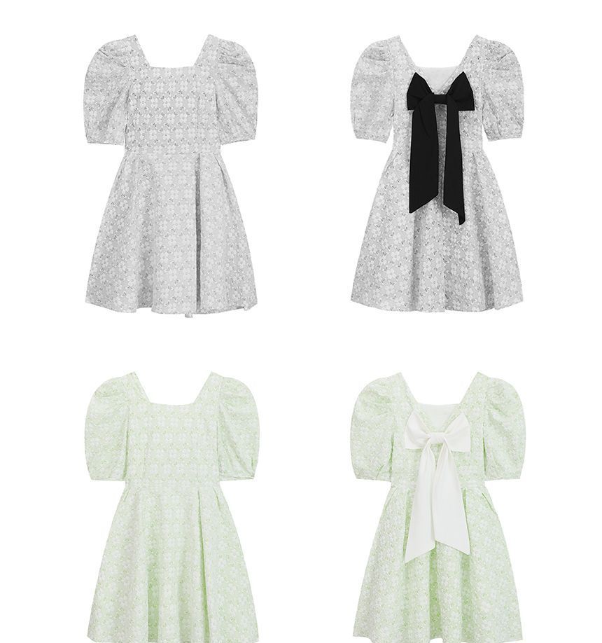 Short-Sleeve Square Neck Floral Mini A-Line Dress aa19 MK Kawaii Store
