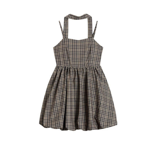 Halter-Neck Plaid Mini A-Line Dress aa16 MK Kawaii Store