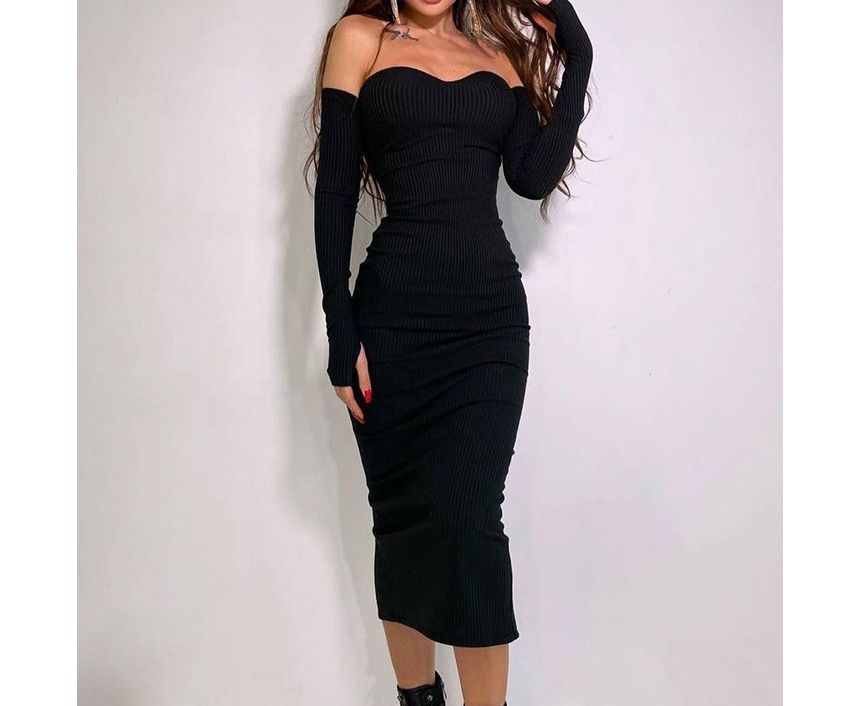 Long-Sleeve Off-Shoulder Plain Ribbed Knit Midi Sheath Dress kk2 MK Kawaii Store