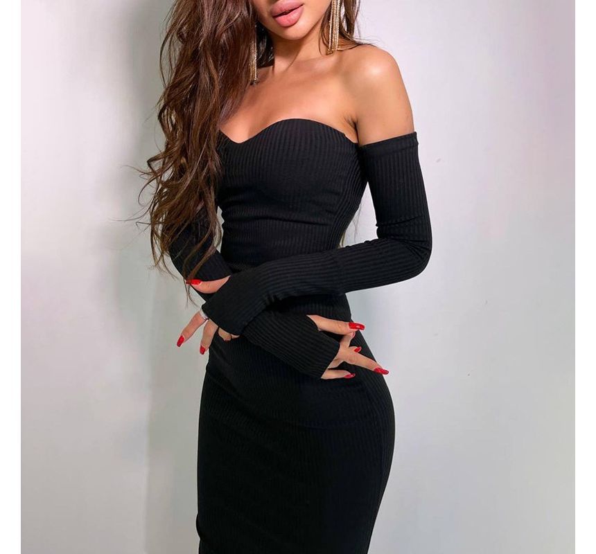 Long-Sleeve Off-Shoulder Plain Ribbed Knit Midi Sheath Dress kk2 MK Kawaii Store