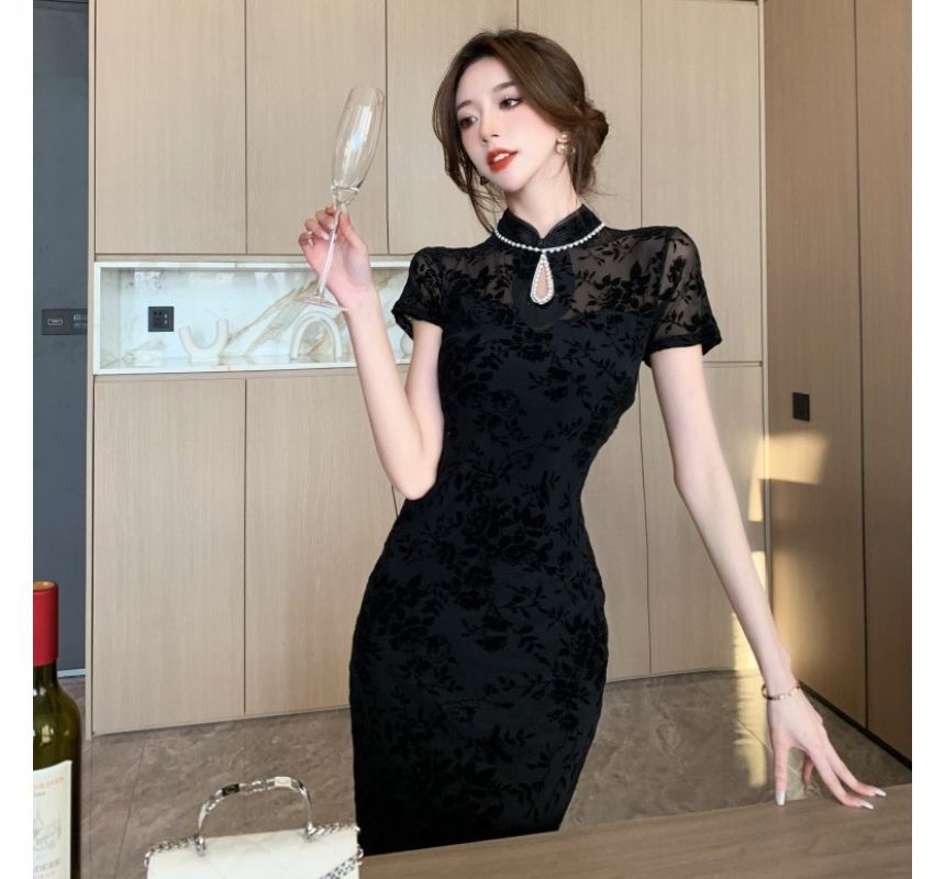 Short-Sleeve Floral Jacquard Cutout Midi Bodycon Dress kk35 MK Kawaii Store