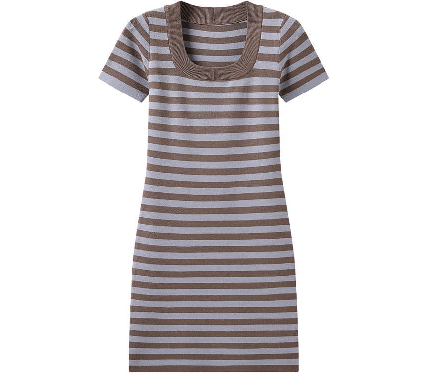 Short-Sleeve Square Neck Striped Midi A-Line Knit Dress kk18 MK Kawaii Store