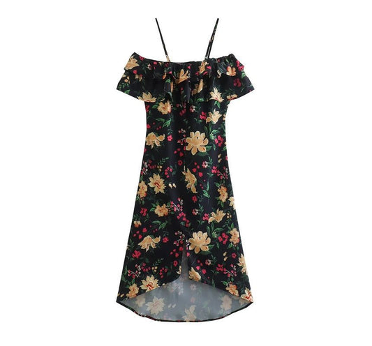 Cold-Shoulder Floral Ruffle Midi A-Line Dress kk6 MK Kawaii Store