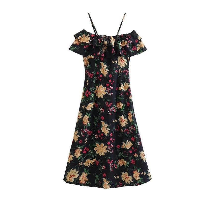 Cold-Shoulder Floral Ruffle Midi A-Line Dress kk6 MK Kawaii Store