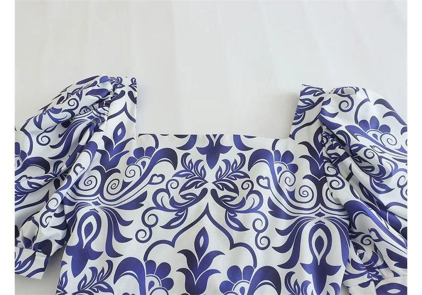 Puff-Sleeve Patterned Midi A-Line Dress kk9 MK Kawaii Store