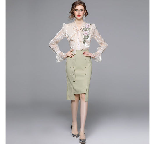 Set: Bow-Neck Ruffle Trim Embroidered Blouse + Plain Midi Pencil Skirt EE10 MK Kawaii Store