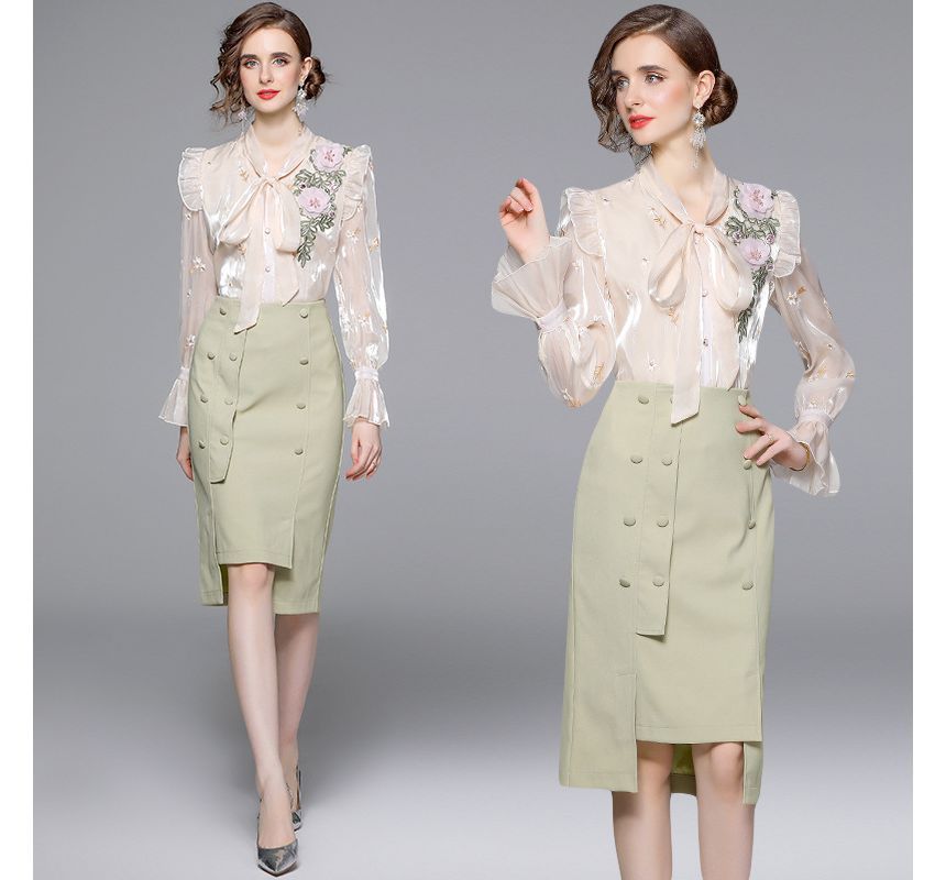 Set: Bow-Neck Ruffle Trim Embroidered Blouse + Plain Midi Pencil Skirt EE10 MK Kawaii Store