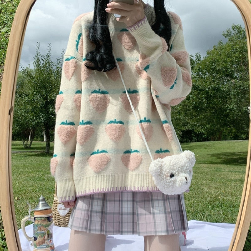 strawberry print oversized sweater - Cupcake MK Kawaii Store