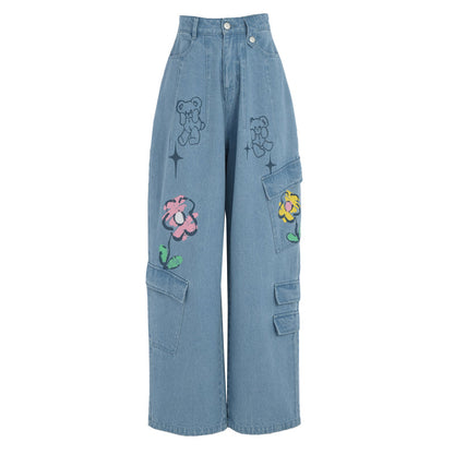 Y2K Style Denim Baggy Blue Bear Pants ON625 MK Kawaii Store