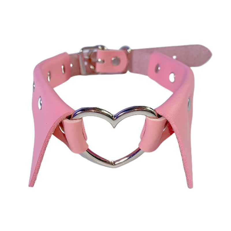 Pink Fake Collar Hollow SIiver Heart PU Choker ON789 Cospicky