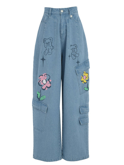 Y2K Style Denim Baggy Blue Bear Pants ON625 MK Kawaii Store