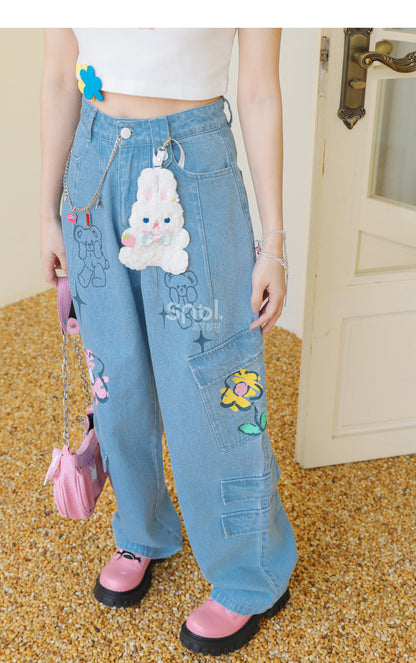 Y2K Style Denim Baggy Blue Bear Pants ON625 MK Kawaii Store