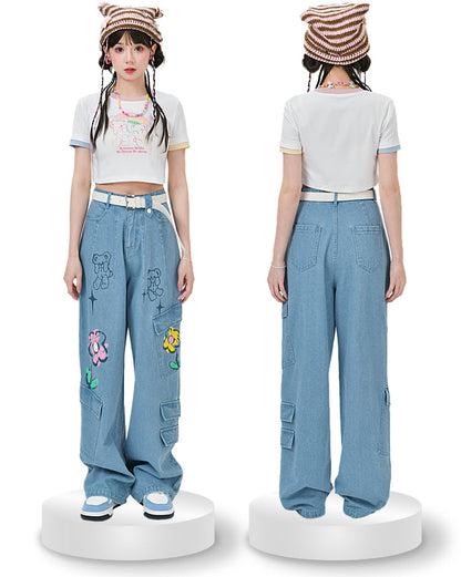 Y2K Style Denim Baggy Blue Bear Pants ON625 MK Kawaii Store