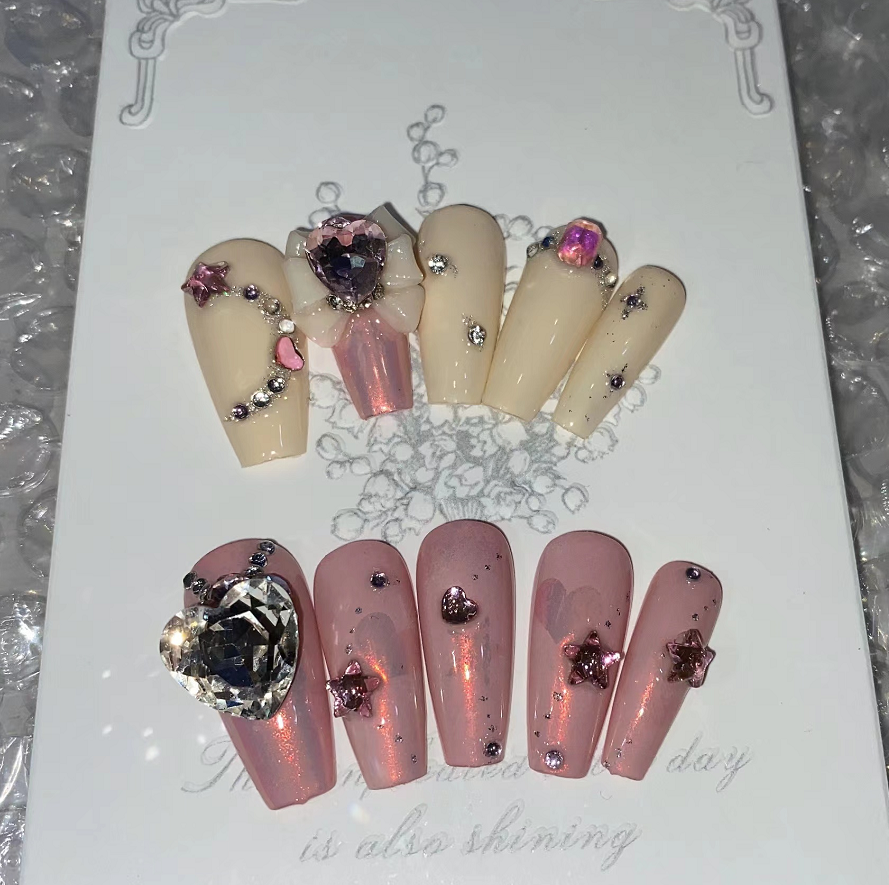 【Customize-made for 35 Days】Pretty Pink Star Heart Diamond Nails - Heartzcore Heartzcore