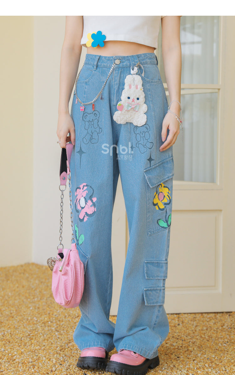 Y2K Style Denim Baggy Blue Bear Pants ON625 MK Kawaii Store