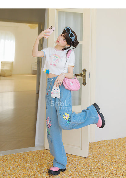 Y2K Style Denim Baggy Blue Bear Pants ON625 MK Kawaii Store