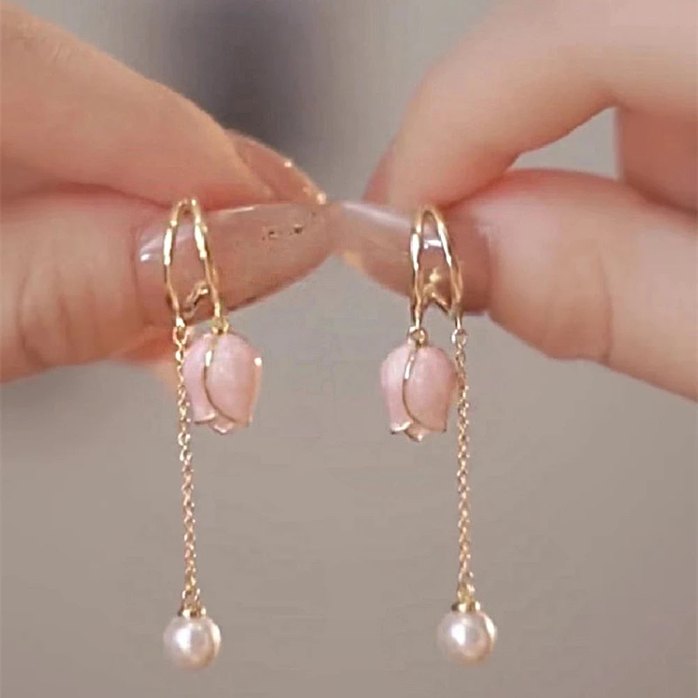 Pink tulip fringe long pearl earrings MK18474 MK Kawaii Store