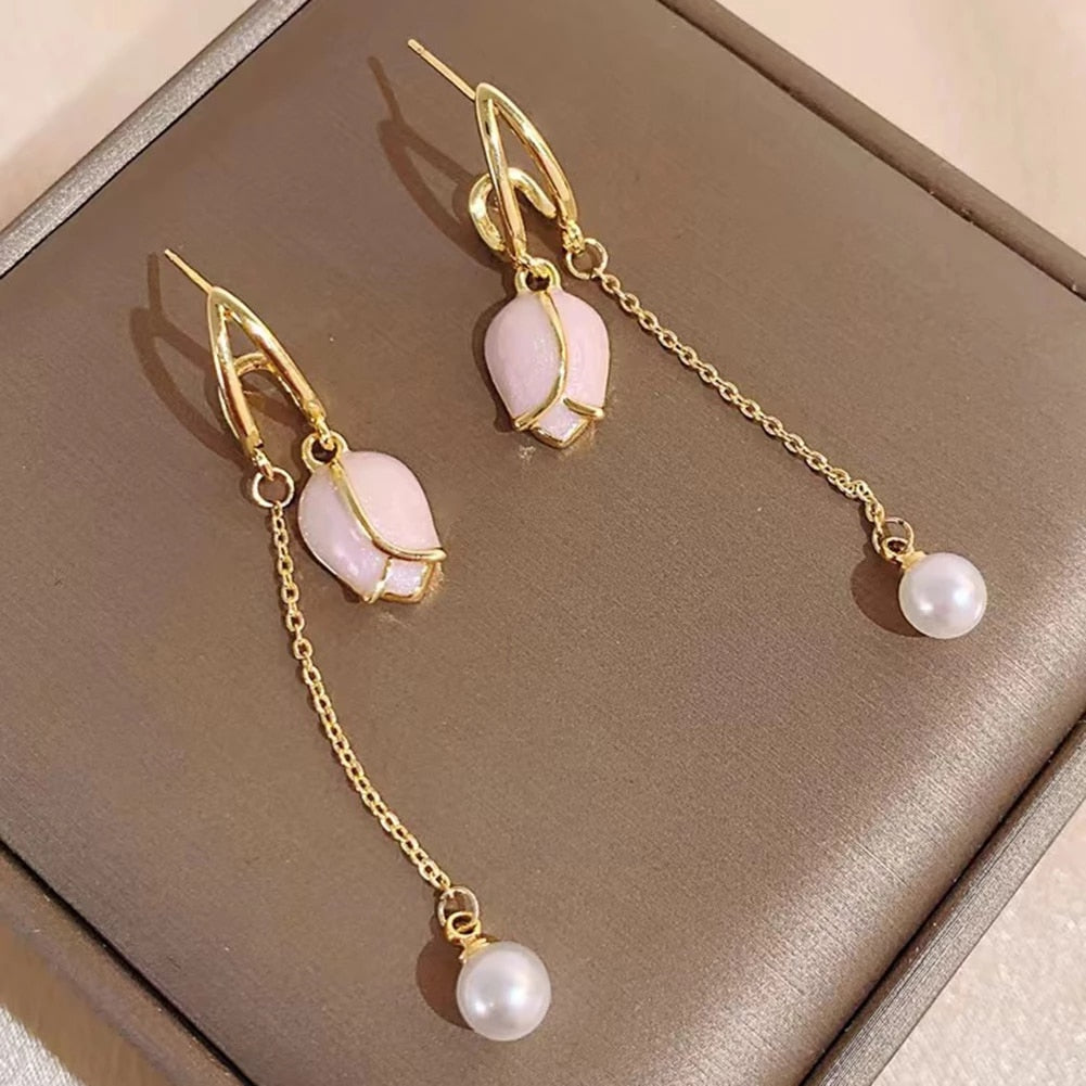 Pink tulip fringe long pearl earrings MK18474