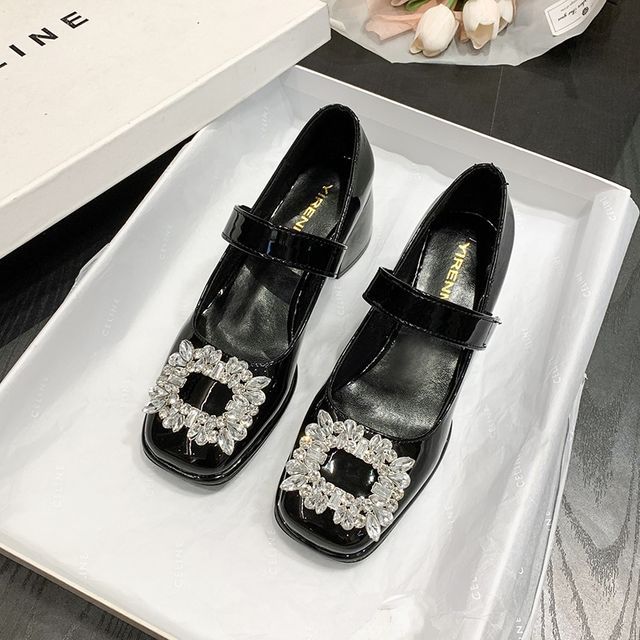 Rhinestone Block Heel Mary Jane Shoes cc28 MK Kawaii Store