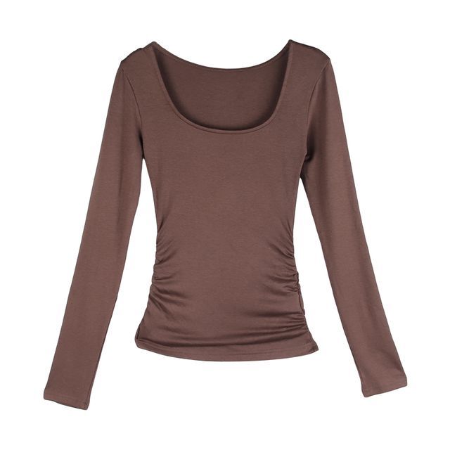 Long-Sleeve Scoop Neck Plain Slim Fit T-Shirt WI37 MK Kawaii Store