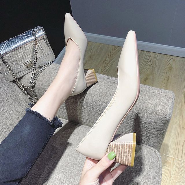 Pointy-Toe Plain Chunky Heel Pumps cc21 MK Kawaii Store