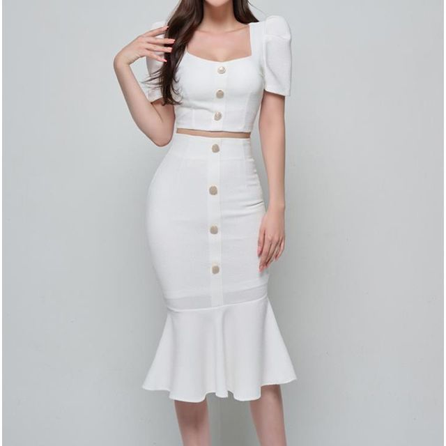 Set: Short-Sleeve Square Neck Crop Top + High Waist Midi Mermaid Skirt EE36 MK Kawaii Store