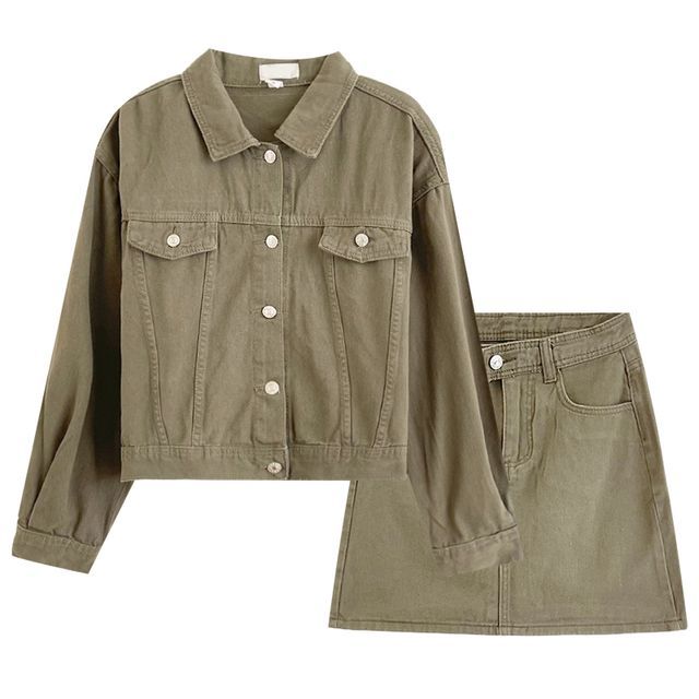 Set: Collared Washed Button Denim Jacket + High Rise Mini Pencil Skirt EE8 MK Kawaii Store