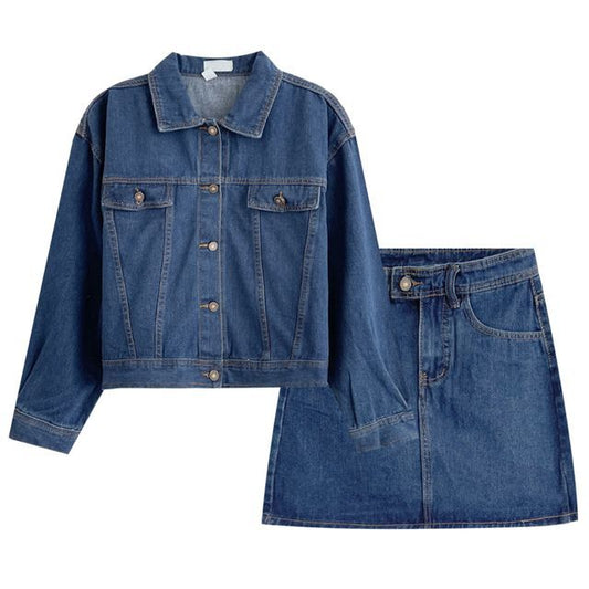 Set: Collared Washed Button Denim Jacket + High Rise Mini Pencil Skirt EE8