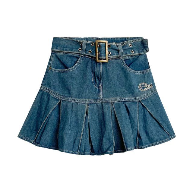 High Waist Lettering Embroidered Pleated Belted Mini A-Line Denim Skirt EE7