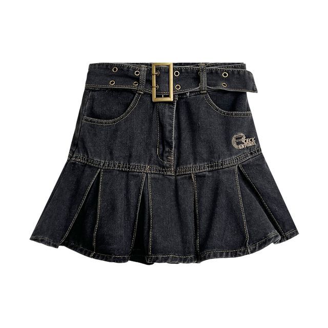 High Waist Lettering Embroidered Pleated Belted Mini A-Line Denim Skirt EE7 MK Kawaii Store