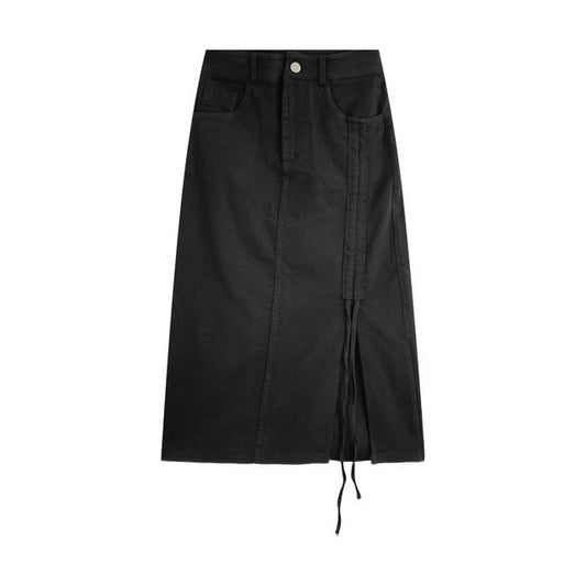 High Waist Drawstring Denim Midi Pencil Skirt EE5 MK Kawaii Store