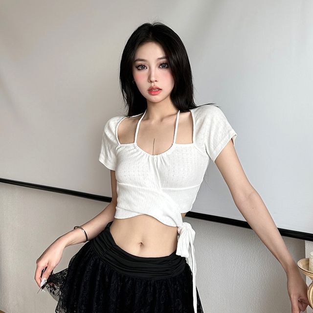 Short-Sleeve Cut Out Plain Crop Top / High Rise Mini Skirt EE26 MK Kawaii Store