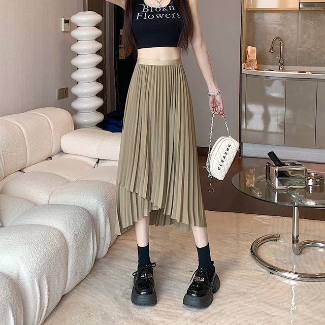 High Waist Irregular Accordion Pleated Midi A-Line Skirt EE22 MK Kawaii Store