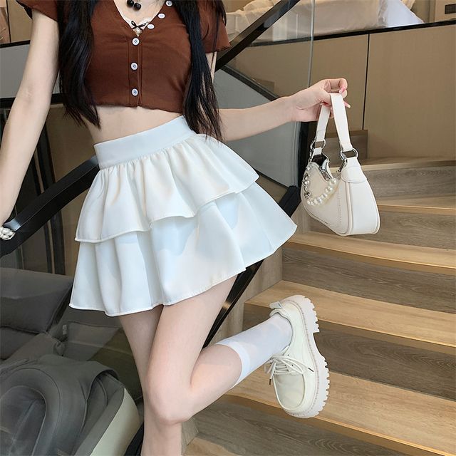 High Waist Plain Layered Mini A-Line Skirt EE27 MK Kawaii Store