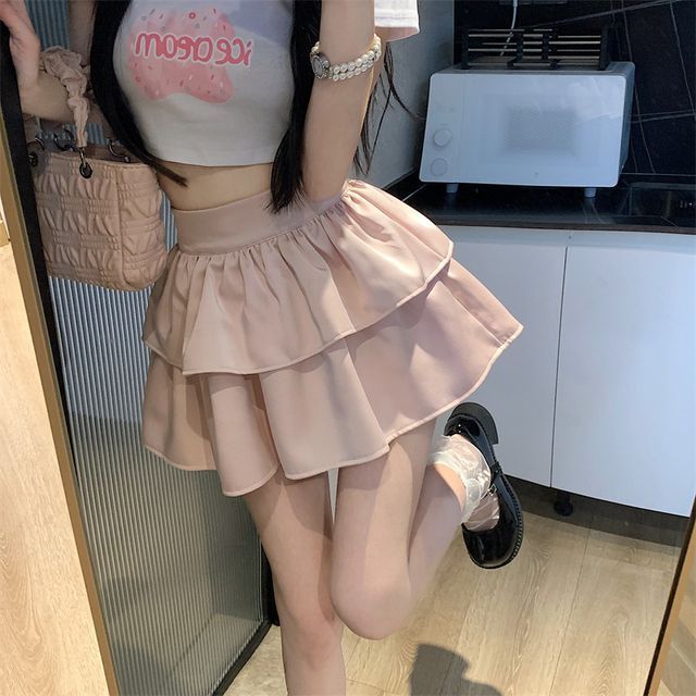 High Waist Plain Layered Mini A-Line Skirt EE27 MK Kawaii Store