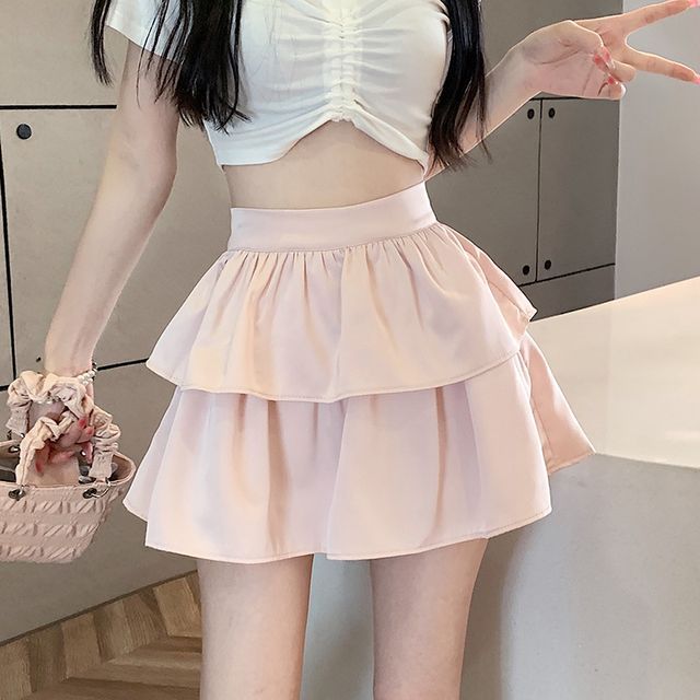 High Rise Plain Layered Mini A-Line Skirt EE31 MK Kawaii Store