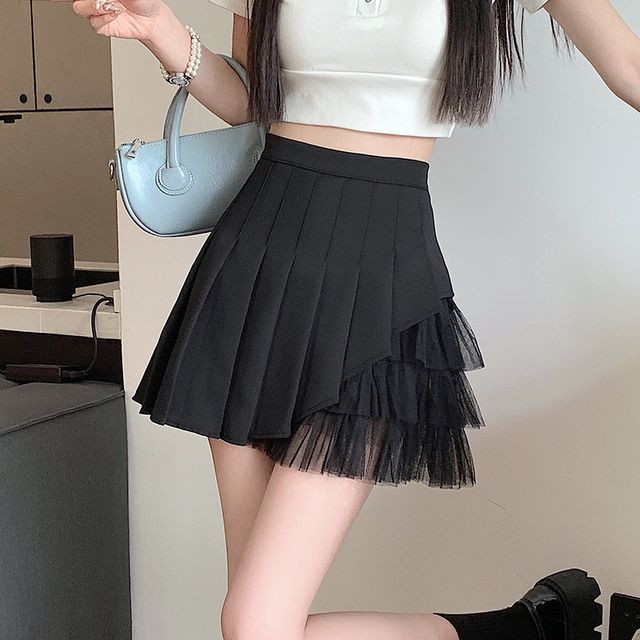 High Rise Pleated Mesh Panel Mini A-Line Skirt EE32 MK Kawaii Store