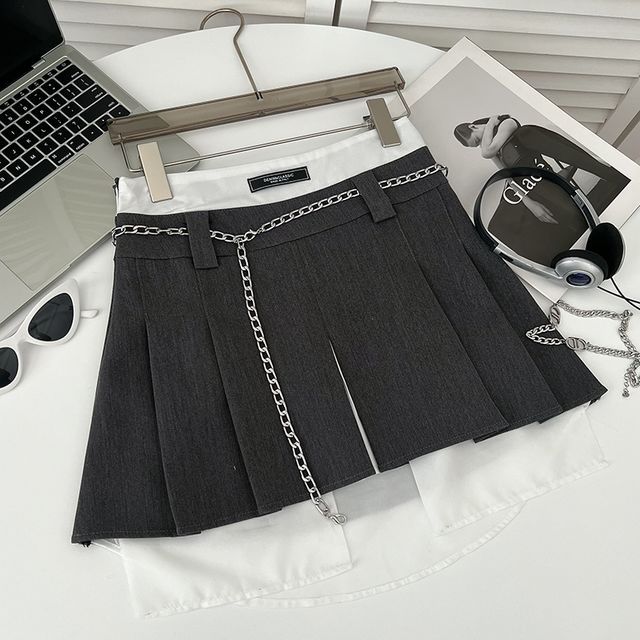 High Rise Pleated Mock Two Piece Mini A-Line Skirt with Chain Belt EE20 MK Kawaii Store