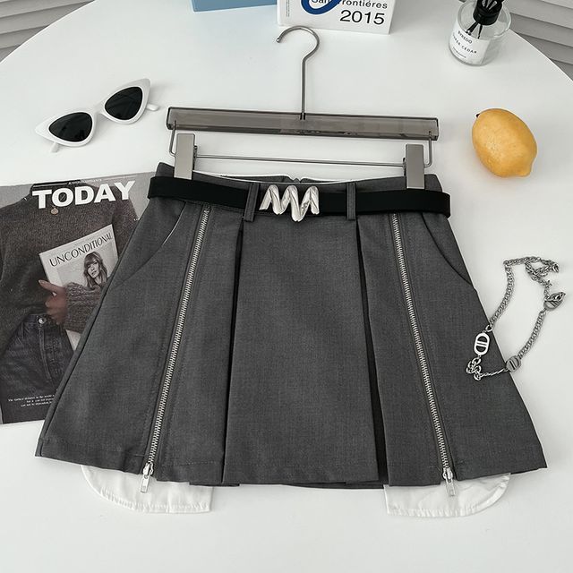 Set: High Waist Pleated Zip Mini A-Line Skirt + Belt EE30