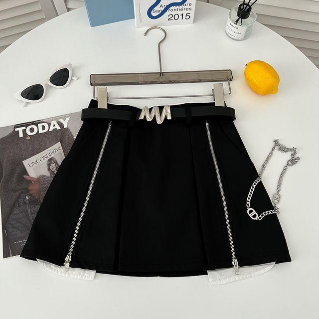 Set: High Waist Pleated Zip Mini A-Line Skirt + Belt EE30
