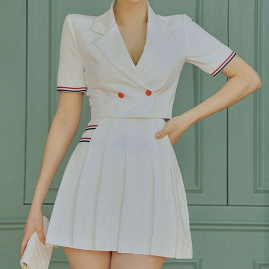 Set: Short-Sleeve Cropped Blazer + High Waist Pleated Mini A-Line Skirt EE24 MK Kawaii Store