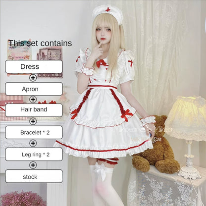 Anna White Red Nurse Maid Dress ON651 MK Kawaii Store