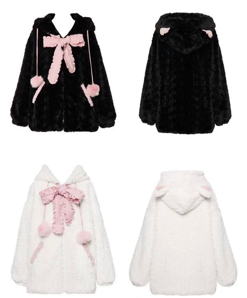 Pink Black Kitty Hoodie Tie Bowknot Coat - Heartzcore MK19002