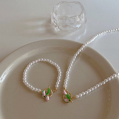 Chic Enamel Tulip Pearl Chain Choker Necklace Bracelet Set - mkkawaiishop