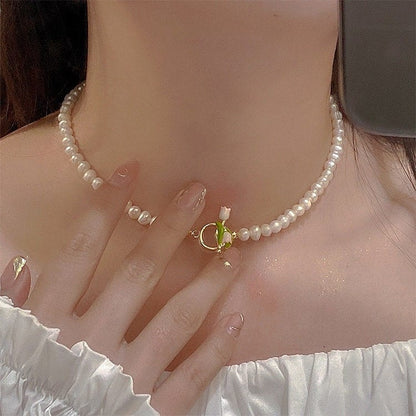 Chic Enamel Tulip Pearl Chain Choker Necklace Bracelet Set - mkkawaiishop