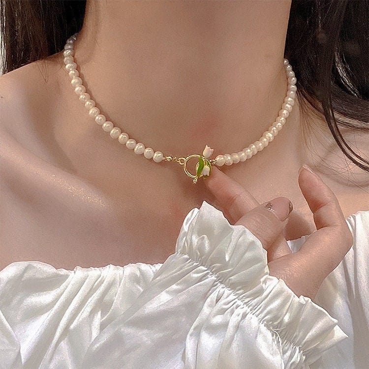Chic Enamel Tulip Pearl Chain Choker Necklace Bracelet Set - mkkawaiishop