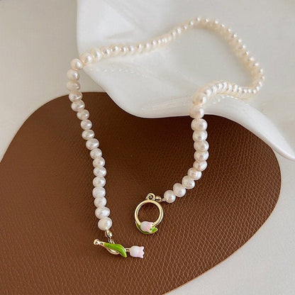 Chic Enamel Tulip Pearl Chain Choker Necklace Bracelet Set - mkkawaiishop